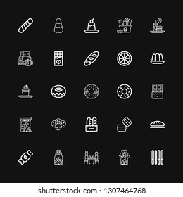 Editable 25 donut icons for web and mobile. Set of donut included icons line Cookie, Cookies, Fast food, Candy, Bread, Macaron, Snack, Chocolate, Bagel, Donut on black background