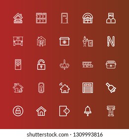 Editable 25 Door Icons For Web And Mobile. Set Of Door Included Icons Line Architecture, Bell, Logout, Dog House, Unlock, Garage, House, Keyhole, Portable Fridge, Home On Red