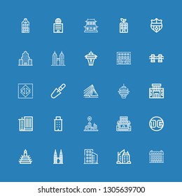 Editable 25 downtown icons for web and mobile. Set of downtown included icons line Building, Skyscraper, Buildings, Petronas, Dc, Cityscape, Office building on blue background