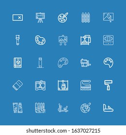 Editable 25 draw icons for web and mobile. Set of draw included icons line Penknife, Color palette, Stationary bike, Brushes, Paint tube, Paint roller, Brush on blue background