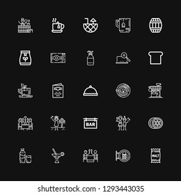 Editable 25 drink icons for web and mobile. Set of drink included icons line Malt, Bar, Romantic dinner, Martini, Drink, Lemon, Christmas party, Summer, Coffee shop on black background