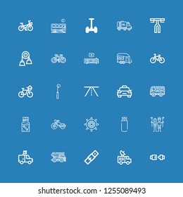 Editable 25 drive icons for web and mobile. Set of drive included icons line Seat belt, Van, Belt, Dumper, Golfer, Usb, Wheel, Motorbike, Dippel oil, Bus, Taxi on blue background