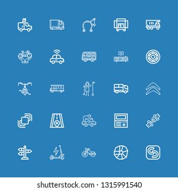 Editable 25 drive icons for web and mobile. Set of drive included icons line Safecopy backup, Wheel, Motorbike, Scooter, Street, Seat belt, Old computer, Electric car on blue background