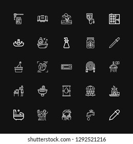 Editable 25 drop icons for web and mobile. Set of drop included icons line Eyedropper, Water tap, Washing, Blood donation, Bathtub, Essential oil, Umbrella on black background