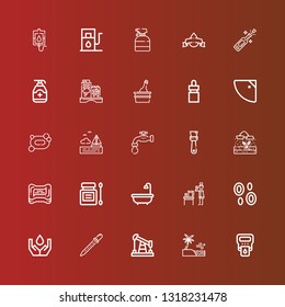 Editable 25 drop icons for web and mobile. Set of drop included icons line Hemoglobin, Sea, Oil, Pipette, Ecology, Blood, Water, Bath, Antiseptic, Soap, Rain, Brush, Faucet on red