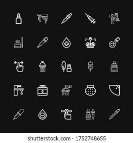 Editable 25 droplet icons for web and mobile. Set of droplet included icons line Pipette, Ink, Tap, Blood, Shower, Eyedropper, Sprinkler, Showers, Thaw, Drops on black background