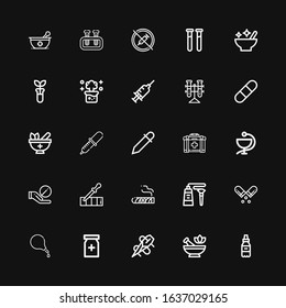 Editable 25 drug icons for web and mobile. Set of drug included icons line Medicine, Mortar, Needle, Painkiller, Enema, Pill, Tube, Cigar, Pipette, First aid on black background