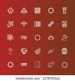 Editable 25 drum icons for web and mobile. Set of drum included icons line Tambourine, Ocarina, Cajon, Bongos, Barrel, Trombone, Xylophone, Drum, Orchestra, Cowbell, Barrel organ on red