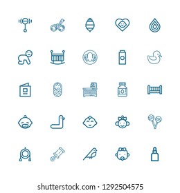 Editable 25 duck icons for web and mobile. Set of duck included icons line Drops, Baby, Bird, Rattle, Toy, Rattles, Baby boy, Duck, Crib, Baby crib, book on white background
