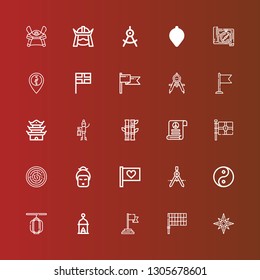 Editable 25 east icons for web and mobile. Set of east included icons line Windrose, Flag, Lantern, Yin yang, Compass, Geisha, Hummus, Pacifism, Bamboo, Pagoda, Samurai on red