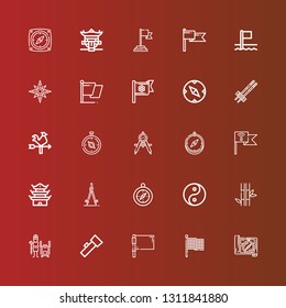 Editable 25 east icons for web and mobile. Set of east included icons line Compass, Flag, Lantern, Tandoor, Bamboo, Yin yang, Pagoda, Vane, Chopsticks, Windrose, Flags on red