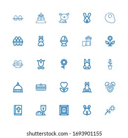 Editable 25 easter icons for web and mobile. Set of easter included icons line Flower, Rabbit, Bible, Last supper, Egg, Vatican, Nest, Flowers, Eggs, Calvary on white background
