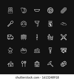 Editable 25 eat icons for web and mobile. Set of eat included icons line Cookie, Sausage, Food stall, Cutlery, Roast, Fish, Spatula, Cheese, Chips, Bitten apple on black background