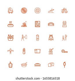 Editable 25 eating icons for web and mobile. Set of eating included icons line Marshmallow, Bread, Baby food, Pepper, Measuring tape, Corn, Fitness, Tuber on white background