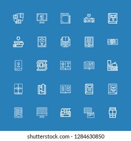 Editable 25 e-book icons for web and mobile. Set of e-book included icons line Ereader, Book, Books, Ebook, Magazine, Library, Online education on blue background