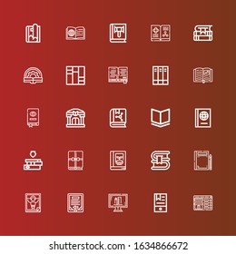 Editable 25 e-book icons for web and mobile. Set of e-book included icons line Booking, Ebook, Online education, Magazine, Book, Books, Library on red