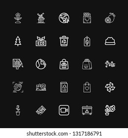 Editable 25 eco icons for web and mobile. Set of eco included icons line Plant, Recycling bin, Apple, Seeds, Flower, Windmill, Bag, Book recycled, Hill, Motion on black background