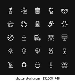 Editable 25 ecology icons for web and mobile. Set of ecology included icons line Flowers, Plant, Leaf, Windmill, Globe, Solar panel, Save water, Electric car on black background