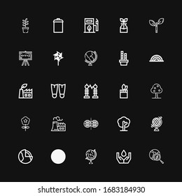 Editable 25 ecology icons for web and mobile. Set of ecology included icons line Green earth, Ecology, Globe, Nuclear energy, Geothermal, Tree, Parallel world on black background