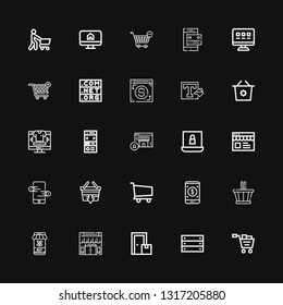 Editable 25 e-commerce icons for web and mobile. Set of e-commerce included icons line Shopping cart, Box, Online shop, Shopping online, Basket, Payment method on black background