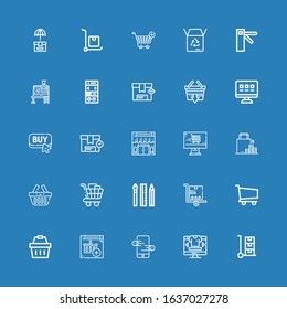 Editable 25 e-commerce icons for web and mobile. Set of e-commerce included icons line Trolley, Online shop, Online store, Shopping basket, Shopping cart, Web design on blue background