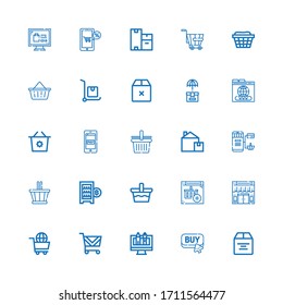 Editable 25 e-commerce icons for web and mobile. Set of e-commerce included icons line Box, Buy, Web design, Shopping cart, Online shop, Basket, Digital currency on white background