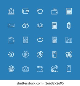 Editable 25 economy icons for web and mobile. Set of economy included icons line Refrigerator, Growth, Wallet, Pie chart, Calculator, Electric car, Transfer on blue background