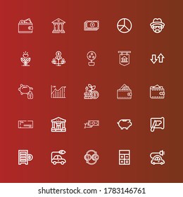 Editable 25 economy icons for web and mobile. Set of economy included icons line Electric car, Calculator, Currency, Digital currency, Spreading, Piggy bank, Money transfer on red