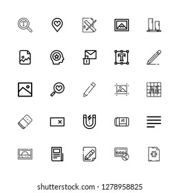Editable 25 edit icons for web and mobile. Set of edit included icons line New file, Image, Edit, Text lines, Align left, Eraser, Content, Erase, Font, Editing on white background