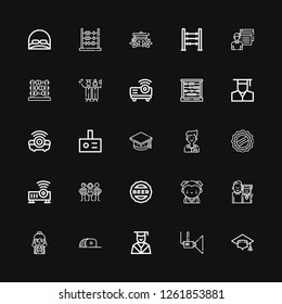 Editable 25 educate icons for web and mobile. Set of educate included icons line Mortarboard, Projector, Graduation, Cap, Student, Students, Graduate, Abacus on black background