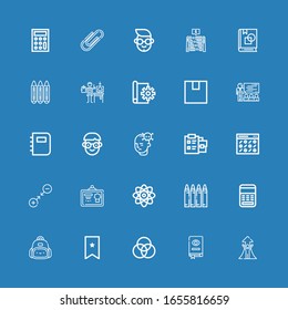 Editable 25 education icons for web and mobile. Set of education included icons line Success, Book, Palette, Bookmark, Backpack, Calculator, Crayon, Physics on blue background