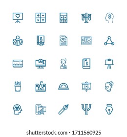 Editable 25 iconos educativos para la web y el móvil. Conjunto de educación incluye iconos línea Pen, Psi, Analytics, Mind, Blackboard, Protractor, School, Pencil, Canvas sobre fondo blanco
