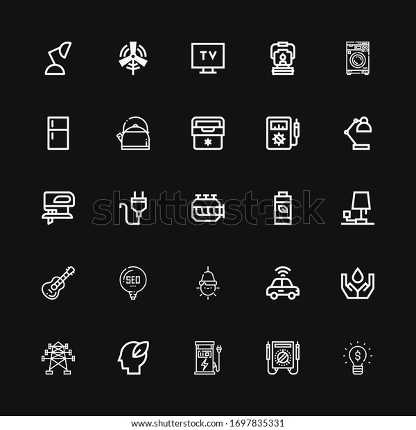 Editable 25 electric\
icons for web and mobile. Set of electric included icons line\
Lightbulb, Multimeter, Charger, Ecology, Electric tower, Autonomous\
car on black\
background