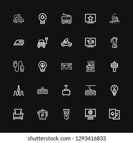 Editable 25 Electrical Icons For Web And Mobile. Set Of Electrical Included Icons Line Chips, Television, Clipper, Kettle, Toaster, Idea, Tram, Cable, Radio On Black Background