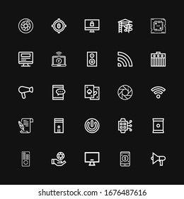 Editable 25 electronic icons for web and mobile. Set of electronic included icons line Speaker, Payment method, Monitor, Chips, Remote control, Smartwatch on black background
