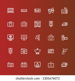 Editable 25 electronics icons for web and mobile. Set of electronics included icons line Printer, Television, Camera, Photo camera, Satellite dish, Water heater, Vacuum on red