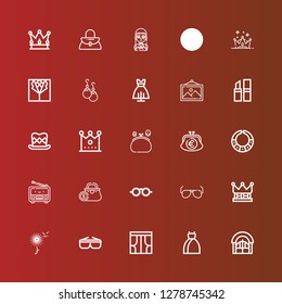 Editable 25 elegance icons for web and mobile. Set of elegance included icons line Door, Dress, Curtains, Sunglasses, Dandelion, Crown, Purse, Radio, Necklace, Top hat on red