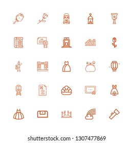 Editable 25 elegant icons for web and mobile. Set of elegant included icons line Lantern, Rainbow, Red carpet, Purse, Dress, Certification, Pearl, Curriculum vitae on white background