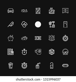 Editable 25 elements icons for web and mobile. Set of elements included icons line Sofa, Doorknob, Dynamite, Chronometer, Tea, Hamster ball, d, Stop watch on black background