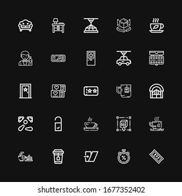 Editable 25 elements icons for web and mobile. Set of elements included icons line Ticket, Stopwatch, Shear, Tea, d, Doorknob, Pinball, Door, Watercolor, Tickets on black background