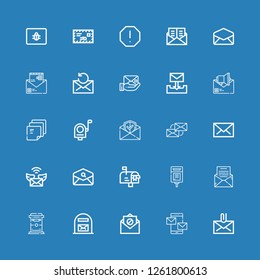 Editable 25 e-mail icons for web and mobile. Set of e-mail included icons line Mail, Mails, Email, Mail box, Mailbox, Post it, Envelope, Spam on blue background