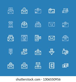 Editable 25 e-mail icons for web and mobile. Set of e-mail included icons line Postal, Contact book, Email, Mail, Mailbox, Post, Envelope on blue background