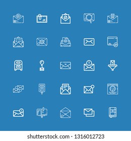 Editable 25 e-mail icons for web and mobile. Set of e-mail included icons line Contact list, Mails, Email, Mailbox, Post, Mail, Envelope on blue background