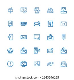 Editable 25 e-mail icons for web and mobile. Set of e-mail included icons line Mail, Email, Envelope, Spam, Mailbox, Contact book, Contact list, Mails on white background