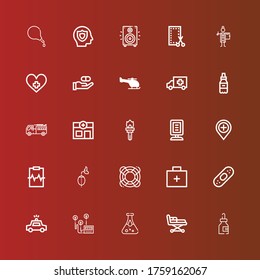 Editable 25 iconos de emergencia para web y móvil. El conjunto de emergencias incluía íconos de la línea Medicina, Stretcher, prueba de sangre, frecuencia cardíaca, automóvil de policía, escayola, kit de emergencia, salvavidas en rojo