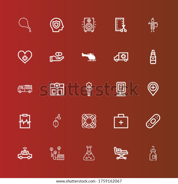 Editable 25\
emergency icons for web and mobile. Set of emergency included icons\
line Medicine, Stretcher, Blood test, Heart rate, Police car,\
Plaster, Emergency kit, Lifesaver on\
red