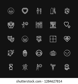 Editable 25 emotion icons for web and mobile. Set of emotion included icons line Kitty, Acting, Love, Joy, Heart, Sad, Pumpkin, Shy, Broken heart, Delicious on black background