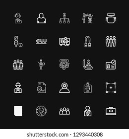 Editable 25 employee icons for web and mobile. Set of employee included icons line Carrier, Businessman, Group, Management, Resume, Selection, ID, Employee on black background