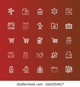 Editable 25 empty icons for web and mobile. Set of empty included icons line Note, Folder, Bag, Bird cage, Price tag, Basket, Tag, Cardboard, Storage box, Shopping cart on red