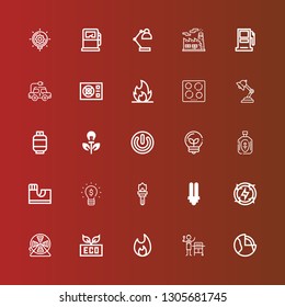 Editable 25 energy icons for web and mobile. Set of energy included icons line Geothermal, Gas, Bonfire, Eco, Wire, Energy, Lightbulb, Torch, Skate park, Oil, Idea, Power on red